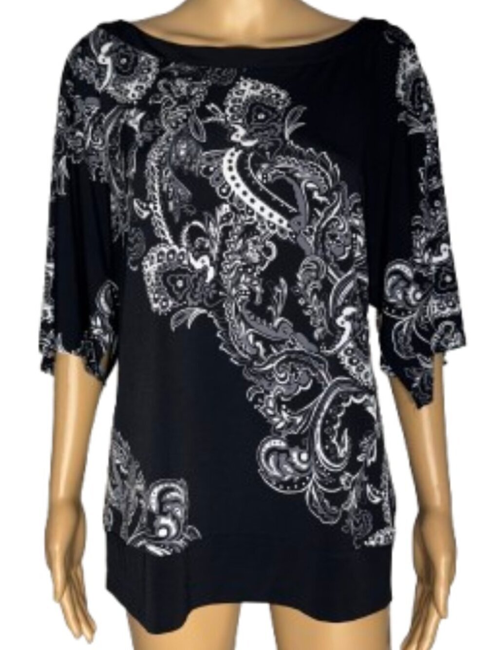 White House Black Market Black Tunic with White Paisley Print Boat Neck Size Med
